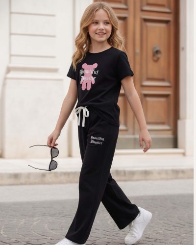 WEET Cotton Printed Night Suit for Girls | Palazo Set Black
