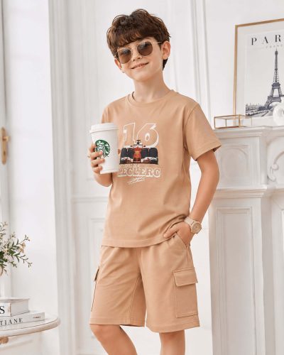 Boys Cotton Shorts Nightsuit Set | Printed T-Shirt & Shorts - Peach