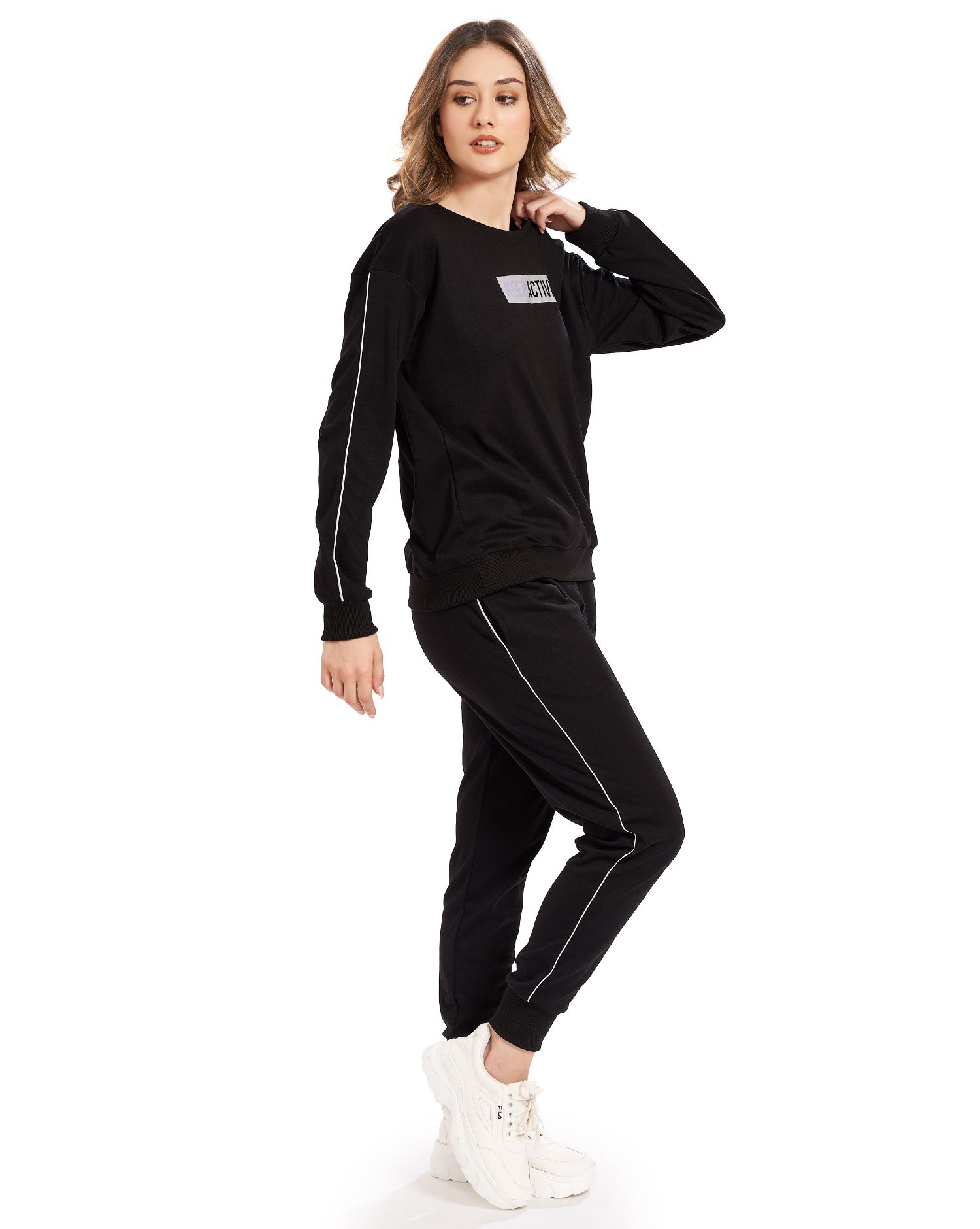 Side view of Women's Black Tracksuit with Keep Active printed design