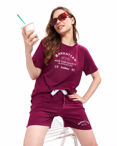 Luxurious women's satin shorts set with a shiny finish