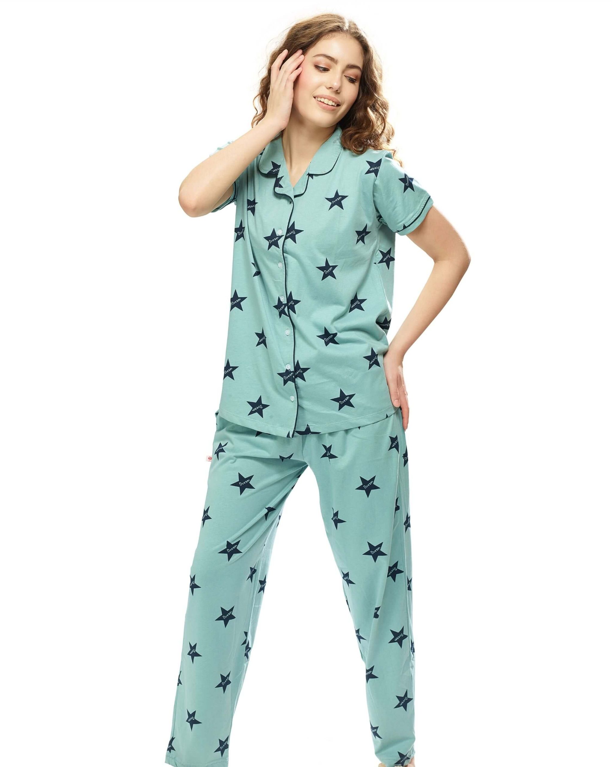 Women's sleepwear set with elegant front-open shirt and pyjama pants