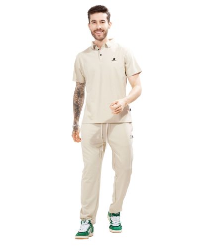 WEET Cotton Polo Tshirt and Pyjama Set for Men,Night Wear for Men,Men's Pyjama Set (Beige)