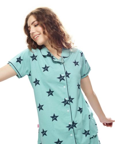 Stylish women's nightwear pyjama set with front-open shirt and pants