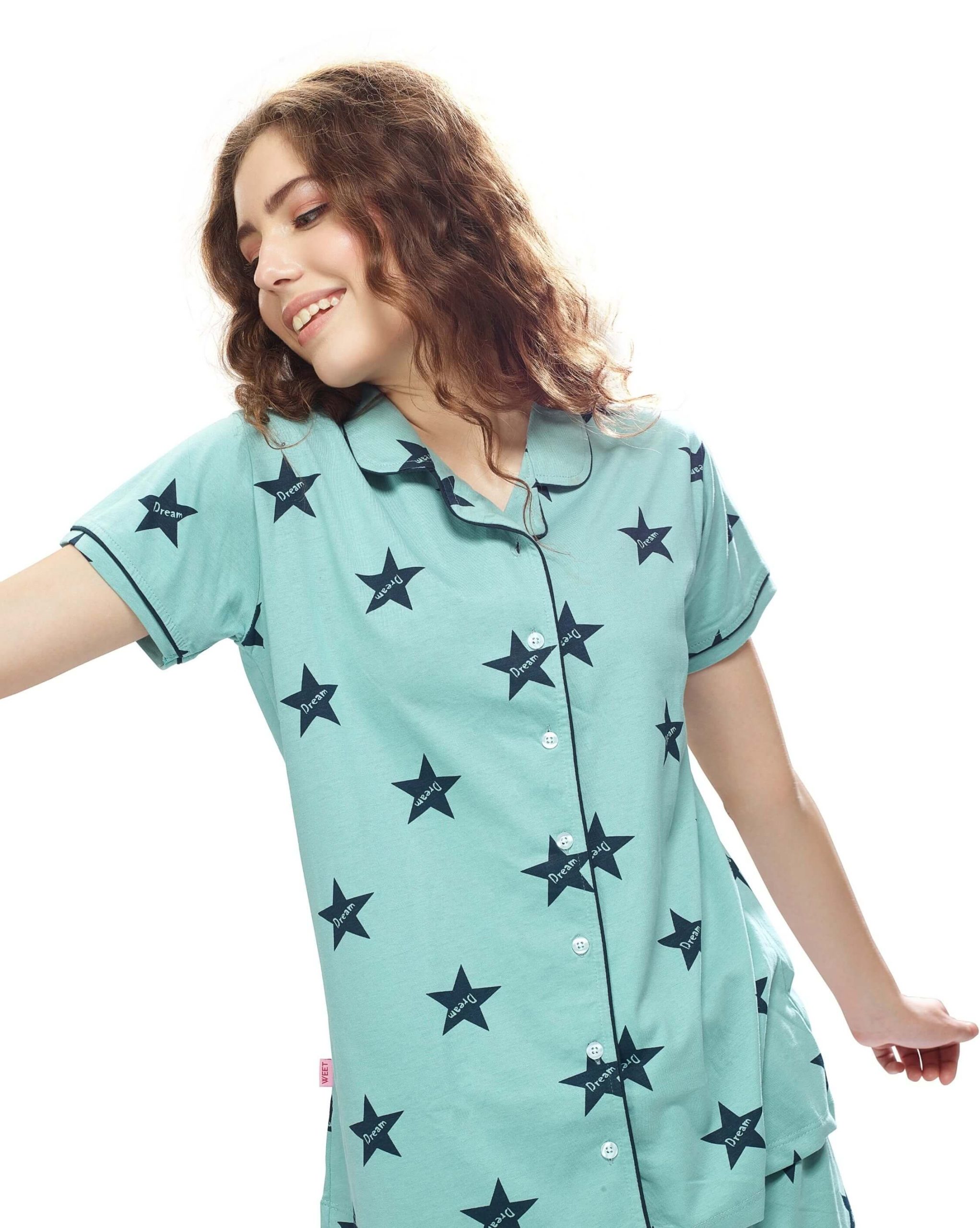 Stylish women's nightwear pyjama set with front-open shirt and pants