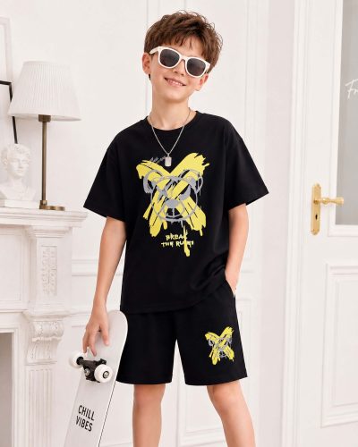 Boys Cotton Shorts Nightsuit Set | Printed T-Shirt & Shorts -Black