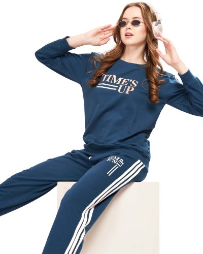 WEET Cotton Sweatshirt & Joggers Full Sleeves Tracksuit | Women Winter NightSuits- Teal Blue
