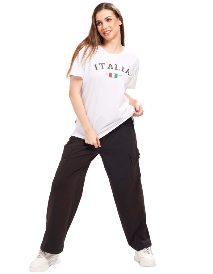 Neutral tone cargo pant and tee combo