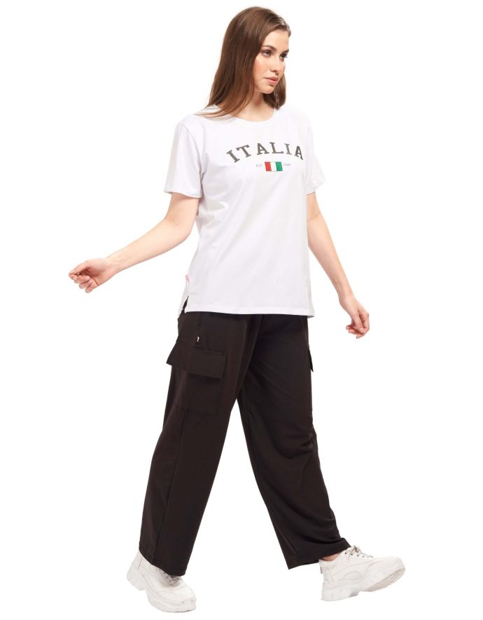 Neutral tone cargo pant and tee combo