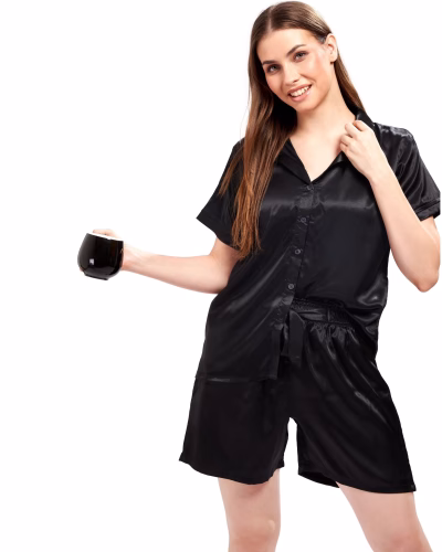 Women's satin shorts set with a relaxed, comfy fit