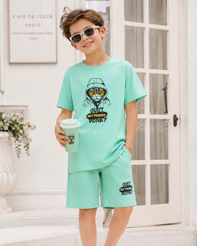 Boys Cotton Shorts Nightsuit Set | Printed T-Shirt & Shorts - Turquoise Blue