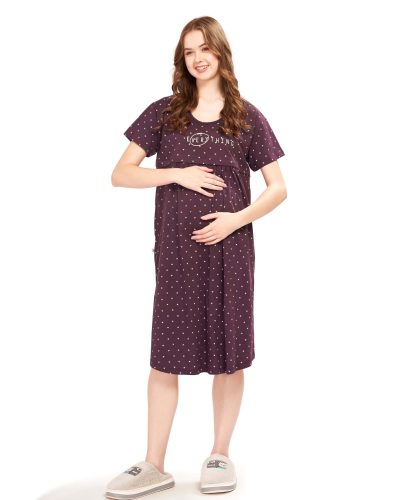 WEET Women's Cotton Heart Knee Length Maternity Nighty ,Feeding Nighty Maroon 9406