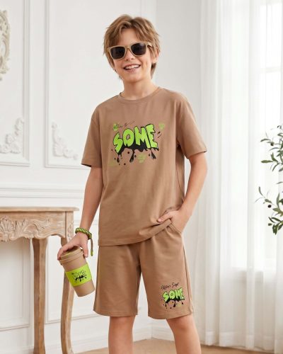 Boys Cotton Shorts Nightsuit Set | Printed T-Shirt & Shorts - Light Brown