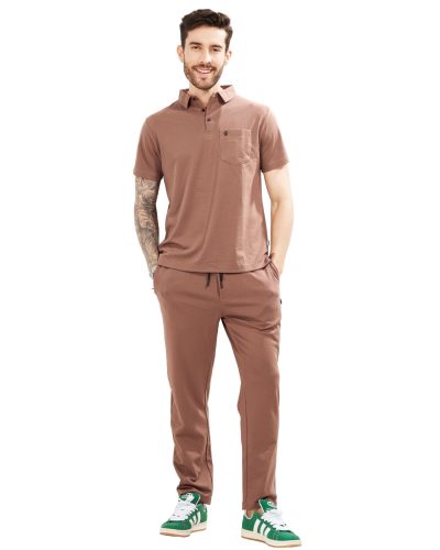 WEET Cotton Polo T-Shirt with Pocket and Pyjama Set for Men,Night Wear for Men,Men's Pyjama Set Brown