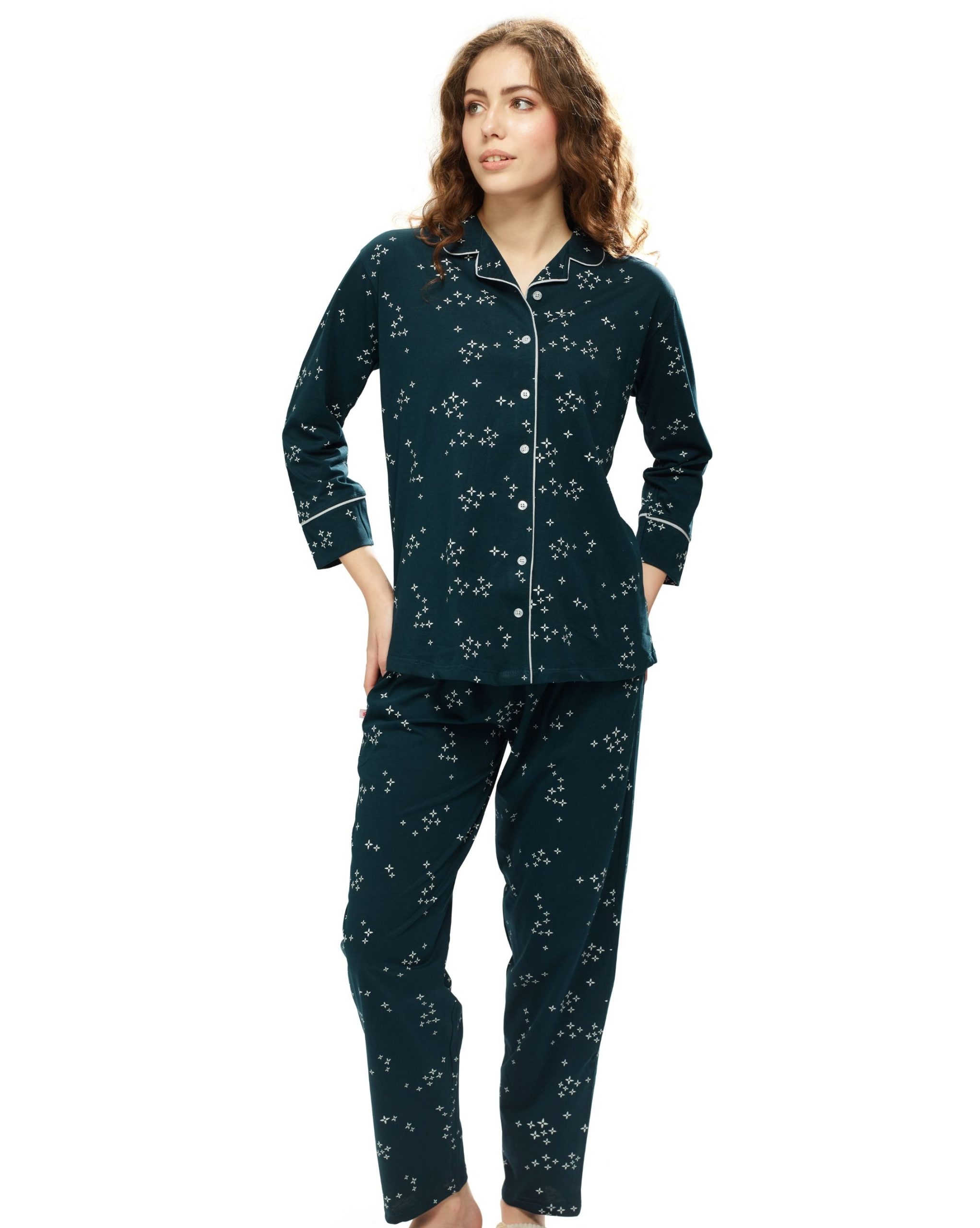 Elegant front-open women's nightdress and pyjama sleepwear set