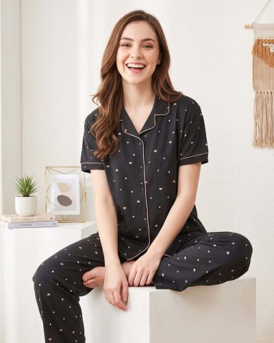 WEET Women’s Cotton Shirt & Pyjama Set | Printed Nightwear Nightsuit 125B