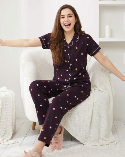 WEET Night Suit for Women - Dark Brown Multidot Cotton Night Dress of Shirt and Pyjama Set