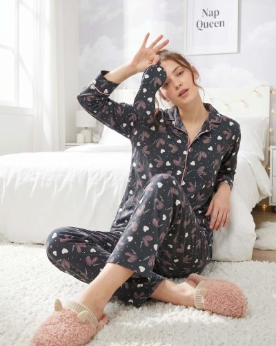 WEET Night Suit for Women - Heart Printed Cotton Night Dress of Shirt and Pyjama Set