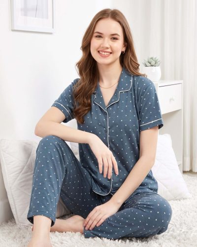 WEET Women’s Cotton Shirt & Pyjama Set | Printed Nightwear Nightsuit 122C
