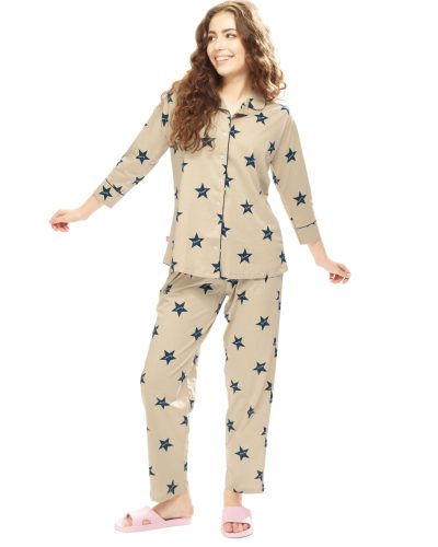 Women's front-open nightwear pyjama set with sleep shirt and pyjamas