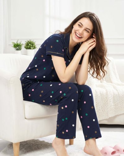 Women's Navy Blue Multidot Shirt and Pyjama Set