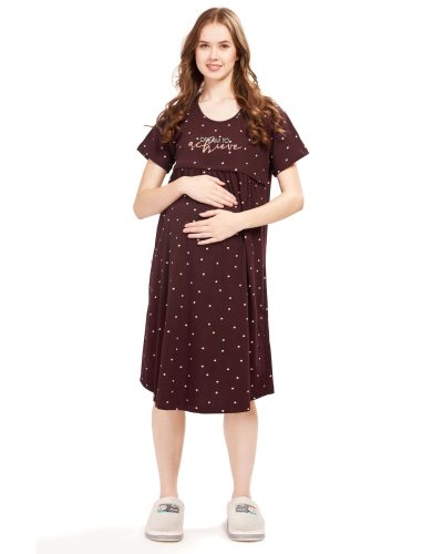 WEET Women's Cotton Heart Knee Length Maternity Nighty , Feeding Nighty Maroon 9407