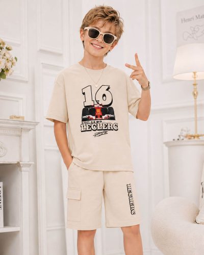 Boys Cotton Shorts Nightsuit Set | Printed T-Shirt & Shorts -Beige
