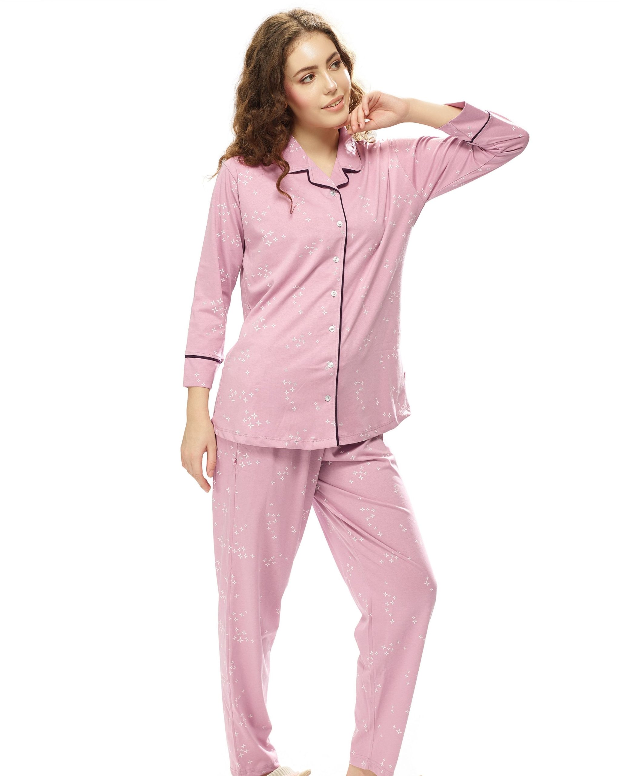 30 Model showcasing Women's Light Pink Shirt and Pyjama Set in a cozy indoor setting