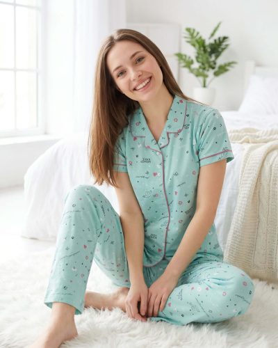 Weet Women's Cotton Light Mint Shirt and Pyjama Set