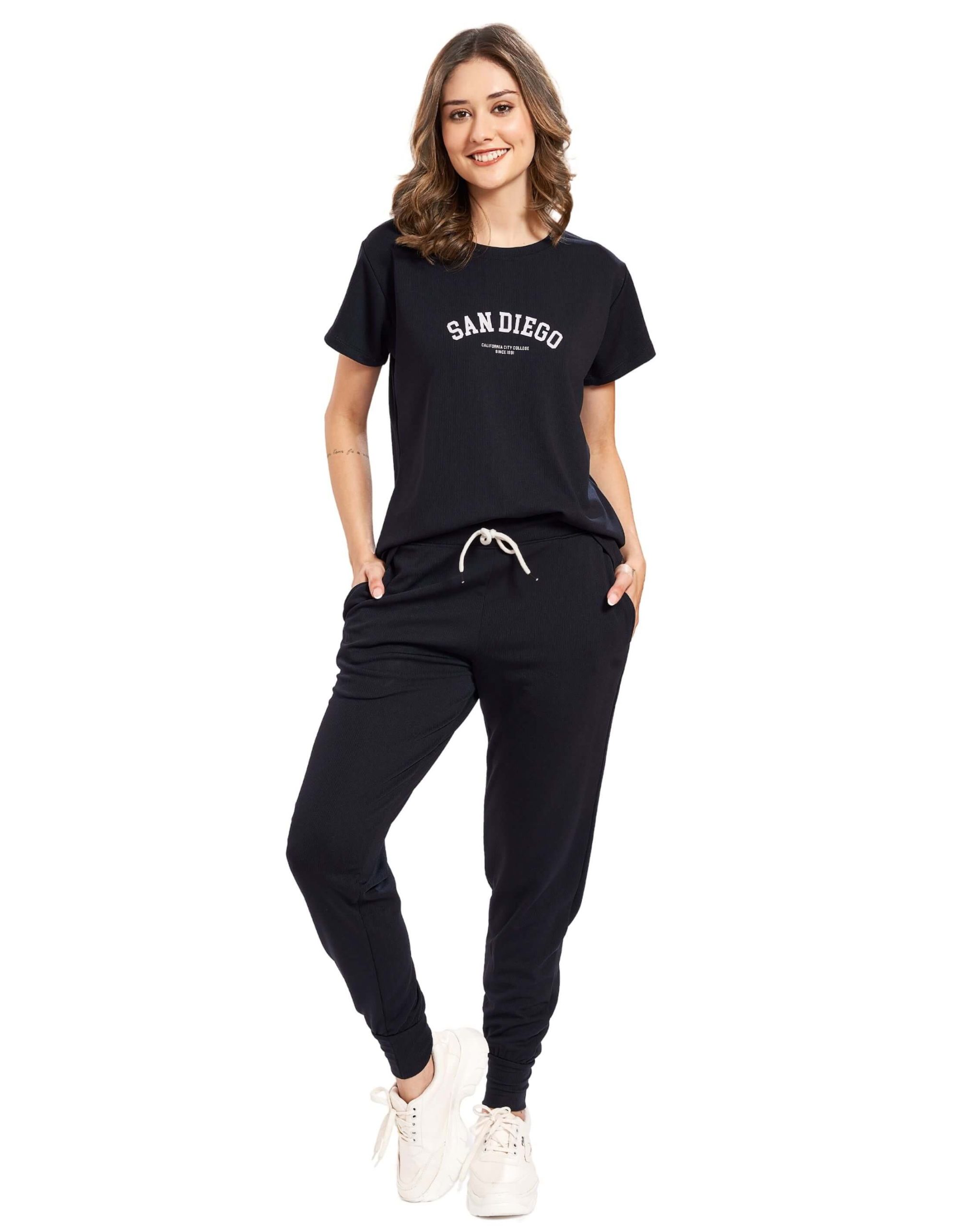 Trendy women's tracksuit pyjama set with T-shirt and joggers pants