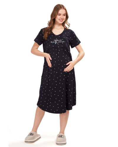 WEET Women's Cotton Heart Knee Length Maternity Nighty ,Feeding Nighty Navy Blue 9407