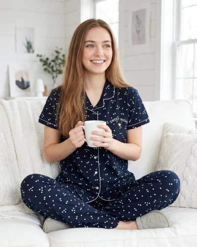 Weet Women's Navy Blue Shirt and Pyjama Set - Small Hearts