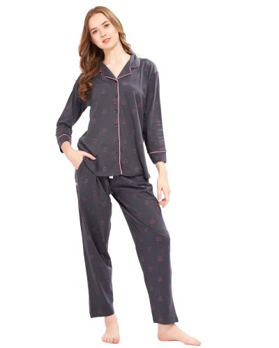WEET Women's Cotton All Over Printed Shirt & Payjama Nightsuit Set Grey 118
