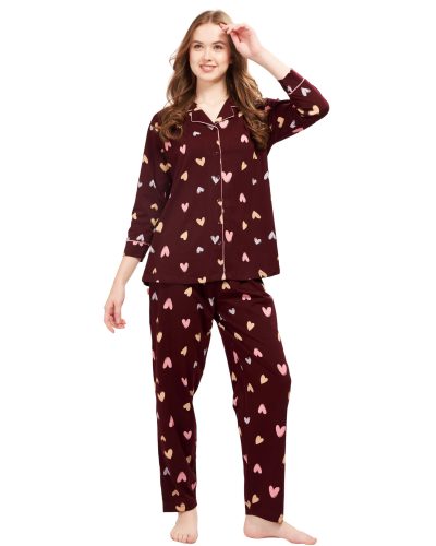 WEET Women's Cotton Heart Printed Shirt & Payjama Nightsuit Set 119