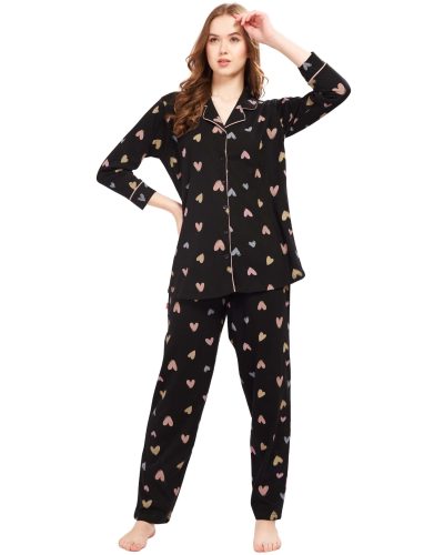 WEET Women's Cotton Heart Printed Shirt & Payjama Black Nightsuit Set 119