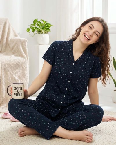 Women's Navy Blue Music Party Shirt and Pyjama Set