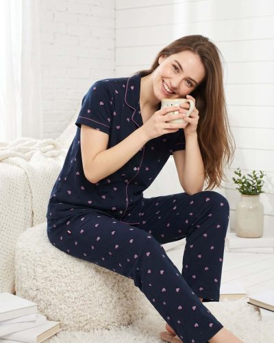 Weet Women's Cotton Navy Blue with Pink Heart Printed Stylish Night Suit Set