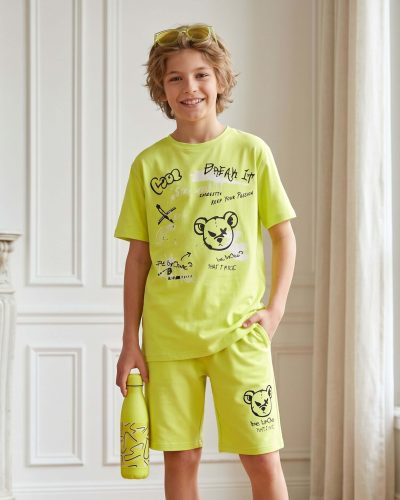 Boys Cotton Shorts Nightsuit Set | Printed T-Shirt & Shorts -Lime Yellow