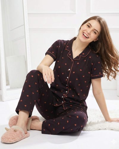 Weet Women's Cotton Dark Brown with Orange Heart Printed Stylish Night Suit Set