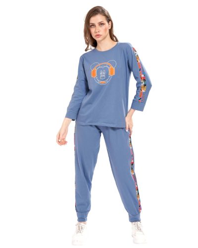 Light Blue Mickey Full Sleeves Tracksuit for Women - Front View