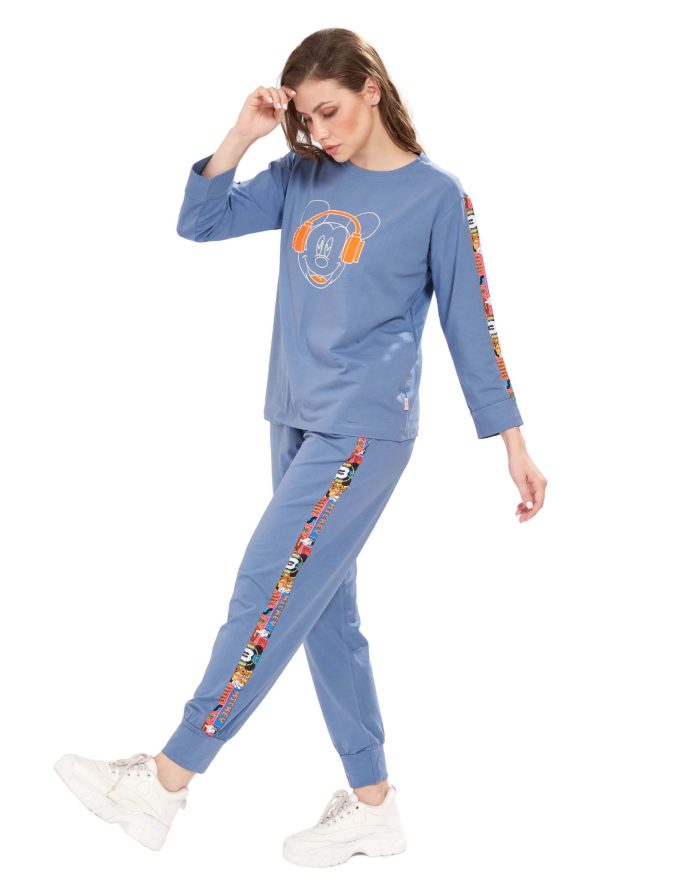 Close-Up of Mickey Mouse Design on Light Blue Full Sleeves Tracksuit for Women