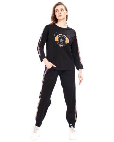 Black Mickey with Headset Full Sleeves Tracksuit for Women - Front View