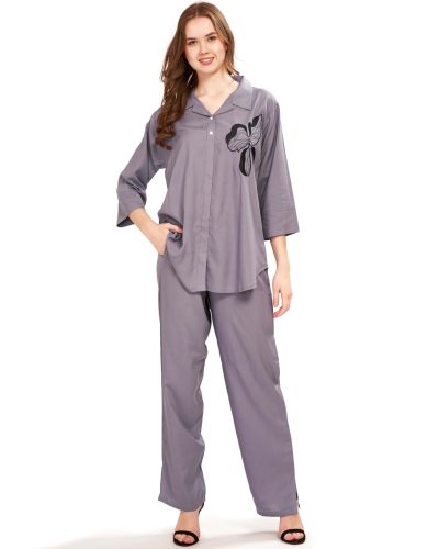 Women’s Embroidered Rayon Co-ord Set – Short Kurti Collar Top & Bottom with Pockets