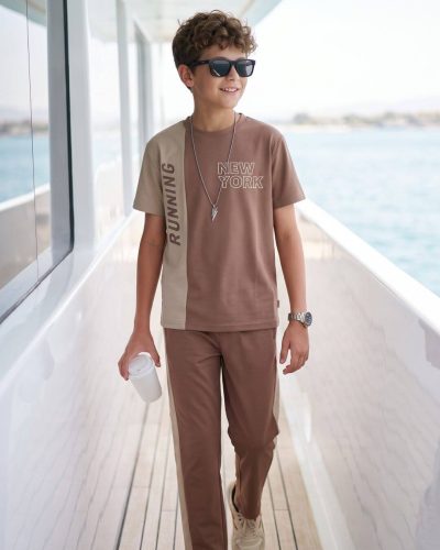 WEET Boys Cotton T-Shirt and Joggers Set | Printed Nightwear Coord Set – Brown
