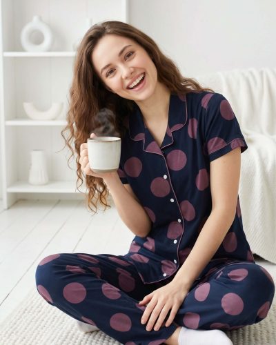 WEET Night Suit for Women - Black Big Dots Cotton Night Dress of Shirt and Pyjama Set