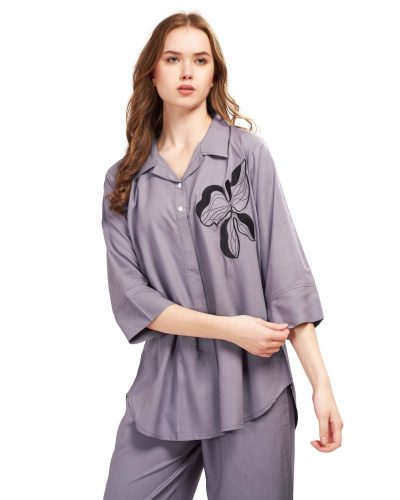 Women’s Embroidered Rayon Co-ord Set – V-Neck Top & Bottom with Pockets – Wine