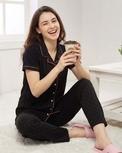 Women's Black with Pink Dots Shirt and Pyjama Set