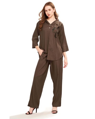 Women’s Embroidered Rayon Co-ord Set – Short Kurti Collar Top & Bottom with Pockets - Brown