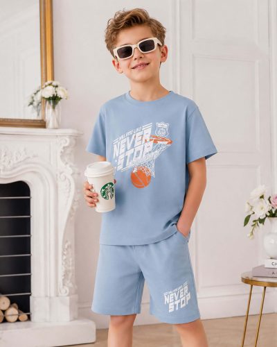 Boys Cotton Shorts Nightsuit Set | Printed T-Shirt & Shorts - Sky Blue