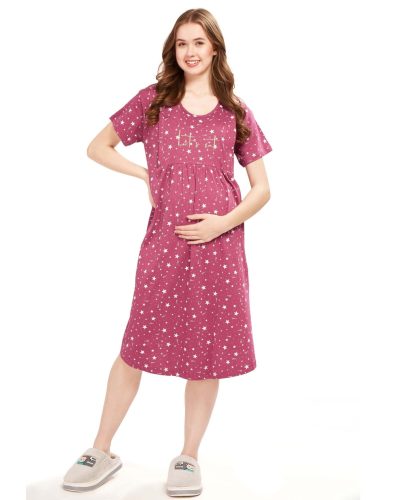 WEET Women's Cotton Heart Knee Length Maternity Nighty , Feeding Nighty 9409