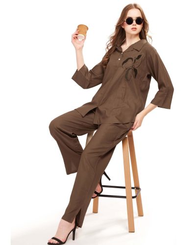 Women’s Embroidered Rayon Co-ord Set – V-Neck Top & Bottom with Pockets – Wine